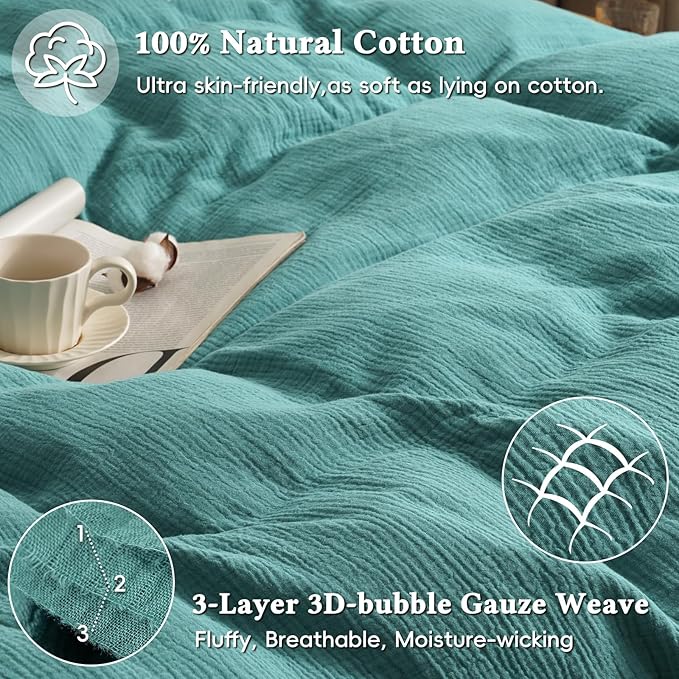 David's Home 100% Cotton Muslin Duvet Cover Set King Size,3 Pcs Ultra Soft Breathable & Lightweight Gauze Bedding Set with 2 Pillowcases,Textured Home Decor with Button, 104"×90" Teal,No Insert