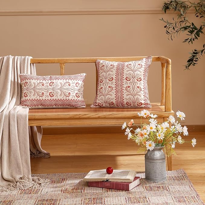 ISAENNE Design Euro Linen Square Throw Pillow Covers 18"x18" Pack of 2, French Country Cushion Covers with Orange Morris Floral Pattern Decoration Pillowcases for Bed, Living Room, Outdoor, Car