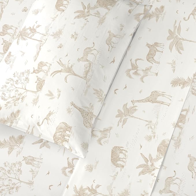 MakeMake Organics Organic Sheet Set Queen (4 Piece) GOTS Certified Organic Cotton Sheets 300 TC Sateen Soft Fitted Sheet Flat Sheet Pillow Cases Toddler Kids (Queen, Safari)