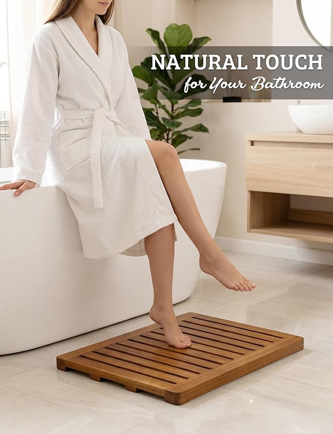 Acacia Wood Shower Mat 24x18 Inches by Demigo, Luxury Bath Mat Non Slip for Bathroom Bathtub Shower Spa Garden Home, Wooden Floor Mat Square Large for Outdoor and Indoor