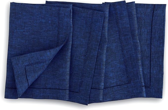 Solino Home Royal Blue Linen Napkins Set of 4-100% Pure Linen Hemstitch Dinner Napkins 20 x 20 Inch for 4th of July, Summer - Milan