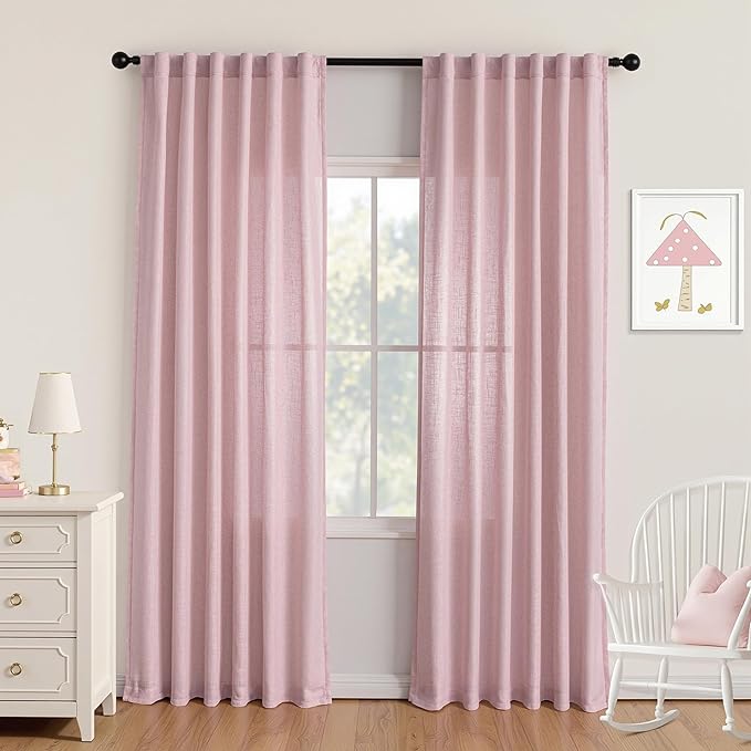 MYSKY HOME Pink Curtains for Girls Bedroom Living Room Semi Sheer Light Filtering Nursery Window Drapes, 90 Inches Length Soft Modern Decor Country Style Back Tab, 50" x 90", Light Pink, 2 Panels