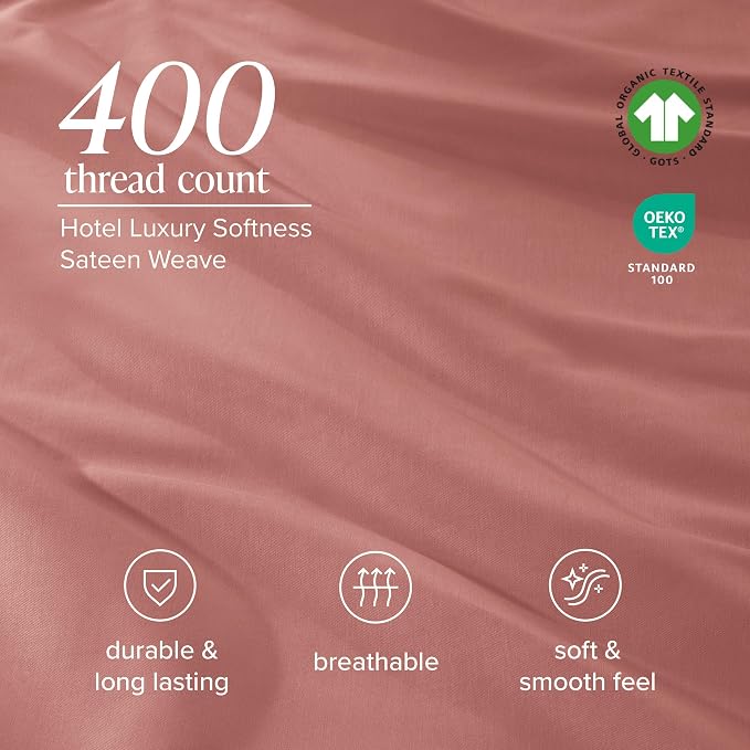 Bare Home 100% Organic Cotton Queen Sheet Set - 400 Thread Count - Smooth Sateen Weave - Breathable & Cooling - Hotel Luxury Set - Deep Pocket Bed Sheets (Queen, Dusty Rose)