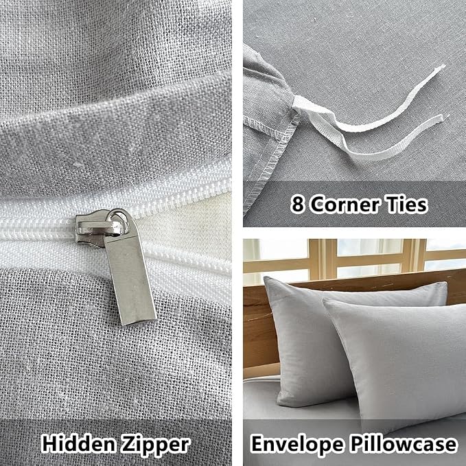 100% French Flax Linen Duvet Cover Set Twin, 2-Piece Soft Breathable Cooling Bedding for Hot Sleepers, Natural Washed Linen with Zipper Closure & 8 Corner Ties (Twin, Grey)