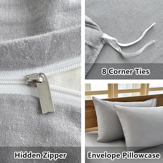100% French Flax Linen Duvet Cover Set Queen, 3-Piece Soft Breathable Cooling Bedding for Hot Sleepers, Natural Washed Linen with Zipper Closure & 8 Corner Ties (Queen, Grey)
