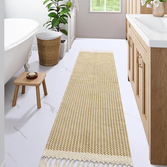 Lahome Belle Boho Laundry Room Rug, 2x7 Runners for Hallways Lightweight Entry Woven Cotton Runner Rug with Tassels, Farmhouse Non Shedding Washable Rugs Low Pile Runner for Kitchen Bathroom, Khaki