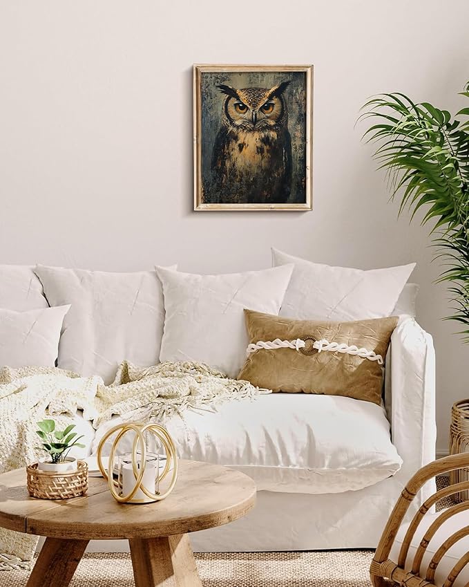 Vodefoad Vintage Dark Academia Owl Wall Art Decor, Retro Moody Rustic Bird Canvas Painting, Antique Dark Animal Gallery Wall Art for Bathroom Bedroom Home - 8x10Inch Unframe