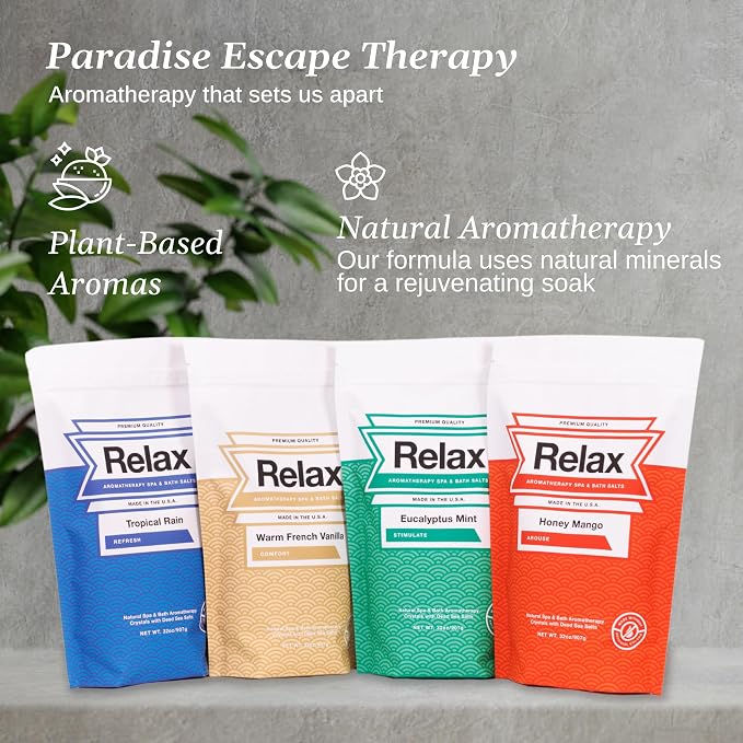 Relax Spa & Bath Aromatherapy Bath Salts Variety Pack for Hot Tub, Bath, or Spa, Infused with Magnesium, Bath Salt for Soaking, Four 2LB Bags