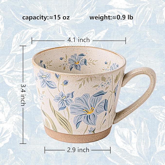 15oz Vintage Floral Ceramic Coffee Mug, Hand-Painted Lead-Free Tea Cup with Comfort Handle, Microwave & Dishwasher Safe for Home Office & Gift for Women (Light Blue Floral, 15, ounces)