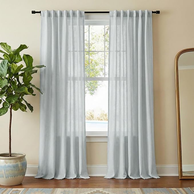 NICETOWN Linen Blend Light Cyan Curtains 84 inches Long, Rod Pocket & Back Tab Light Filtering Semi Sheer Window Treatments Privacy Added Drapes for Living Room, W55 x L84, 2 Panels