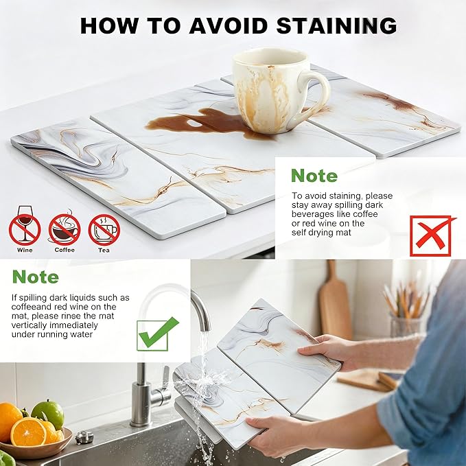 Stone Drying Mat for Kitchen Counter, Quick Diatomaceous Earth Mats for Dishes, 24"L x 16" W Super Absorbent Fast-Drying Collapsible Countertop Stone Mat (Marble White-08, 24" x 16")