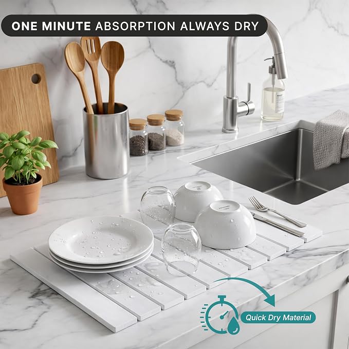 Stone Dish Drying Mat for Kitchen Counter, Easy to Clean Fast Absorbing Collapsible Quick Dry & 24” 16”