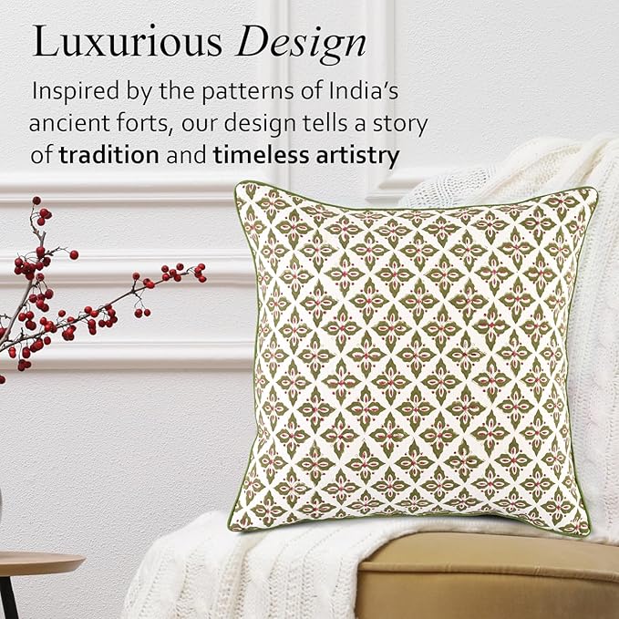 CPC Throw Piping Pillow Covers for Couch, 24x24 Inch Pillows for Living Room, 100% Cotton Boho Cute Outdoor Pillows, Flower Cushion Covers Gift for Spring, Easter - Farmhouse Verde Trellis