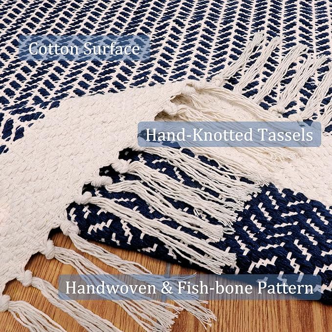 Lahome Belle Boho Kitchen Runner, 2x6 Laundry Room Rug Lightweight Runners for Hallways Washable Runner Rug with Tassels, Farmhouse Cotton Blue Throw Rugs Non Shedding Carpet for Entryway Bathroom