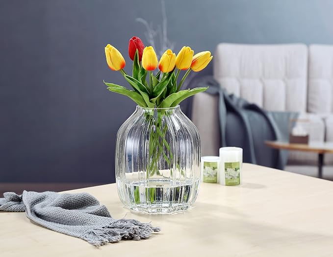 Large Clear Glass Ribbed Vase - 8.0" Decorative Tall Vase for Home Table Centerpieces and Farmhouse