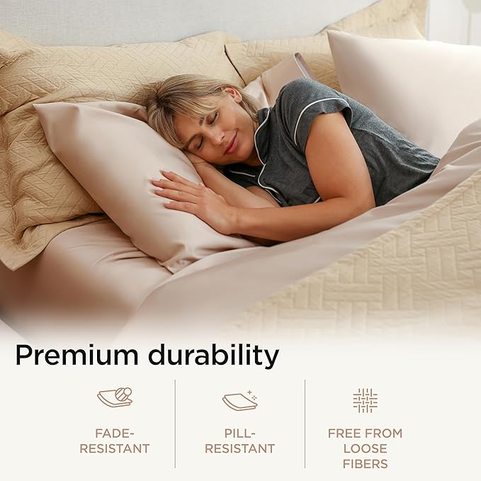 Threadmill Supima King Size Sheets, 1000 Thread Count, 4 Piece American Luxury Bed Sheets for King Mattress, 5 Star Hotel Quality Cotton Sheets with Elasticized Extra Deep Pocket, Beige