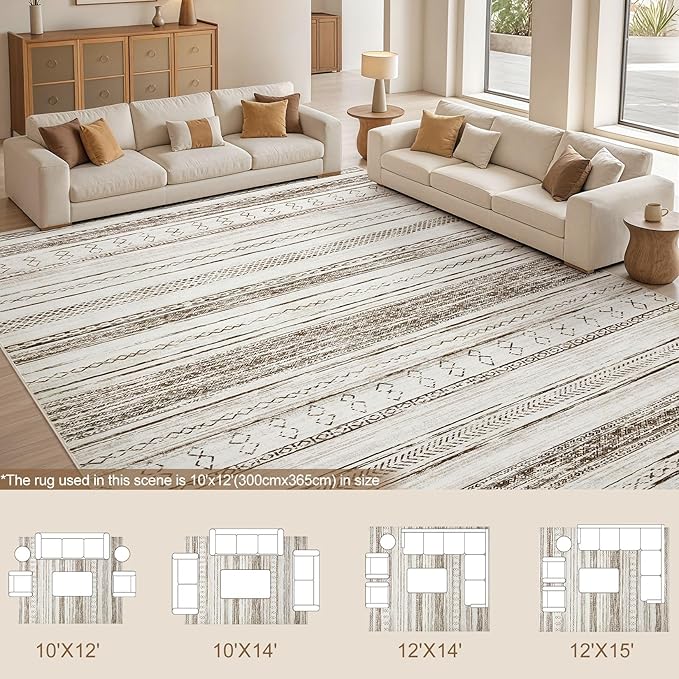 Tortania Area Rug Living Room Rugs - 10x12 Washable Large Soft Neutral Boho Moroccan Bohemian Farmhouse Rug Indoor Floor Carpet for Bedroom Under Dining Table Home Office Decor - Beige