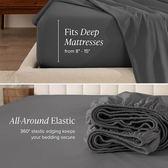 Bare Home 100% Organic Cotton Split King Sheet Set - Crisp Percale Weave - Lightweight & Breathable - Bedding Sheets & Pillowcases (Split King, Grey)