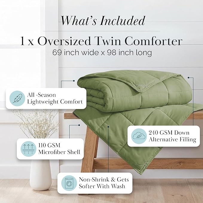 Southshore Fine Living, Inc. Twin Comforters, Oversized Bedding, Down-Alternative Sage Green Comforter Twin Size, Fluffy Comforter, Easy Care, Pet Hair Resistant Bedding, Sage Green Comforters