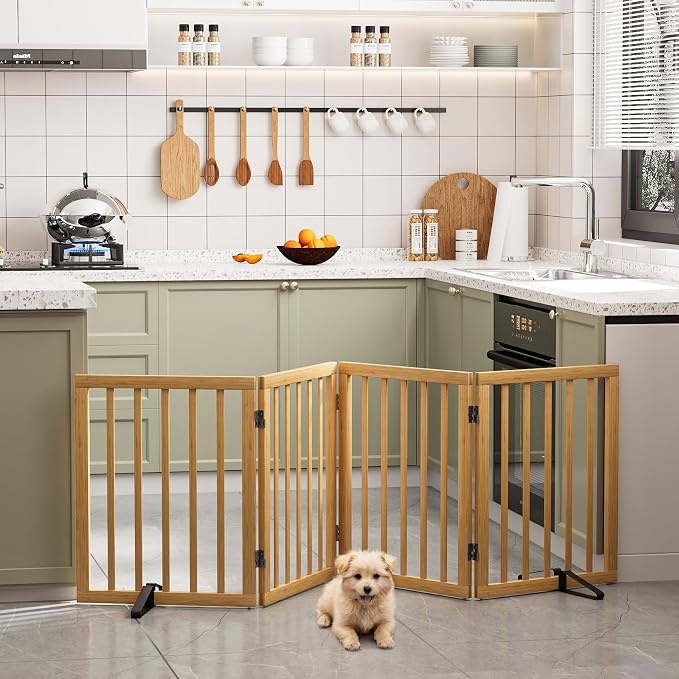 Semiocthome Solid Bamboo Dog Gate with 2 Stands, Freestanding Pet Gates for Doorways and Stairs, 24" Height-4 Panels Puppy Gate for The House, Fully Assembled Indoor Gate Safety Fencee - Natural