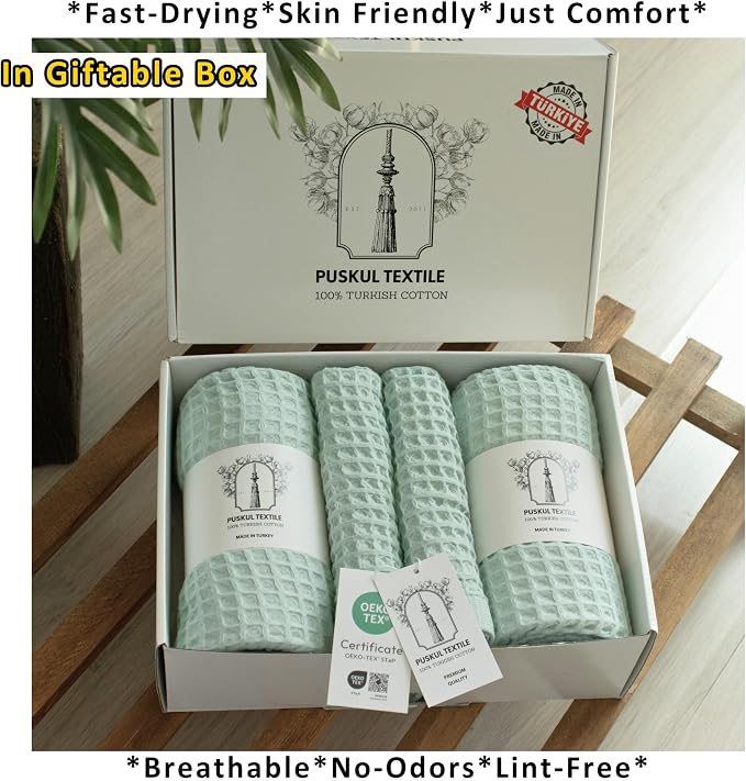 PÜSKÜL 4-Piece Natural 100% Turkish Cotton Luxury Waffle Towels for Bathroom | Premium Honeycomb Weave 2 Hand Towel & 2 Bath Towel Set | Soft Absorbent Quick-Dry Lightweight Towels (Ice Green)