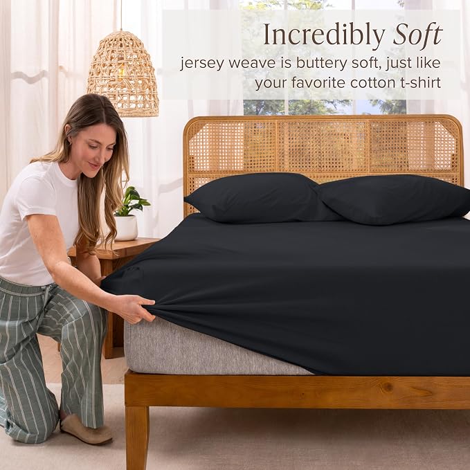 Bare Home 100% Organic Cotton Jersey Fitted Sheet - Twin XL Size - Ultra Soft - Deep Pocket Fitted Sheet - 100% Cotton - Ring Spun Yarns (Twin XL, Black)