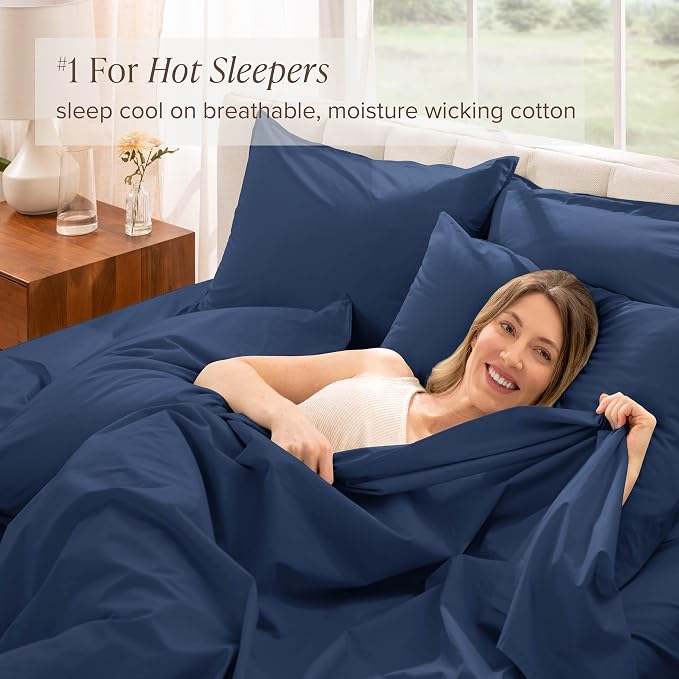 Bare Home 100% Organic Cotton Twin XL Sheet Set - Crisp Percale Weave - Lightweight & Breathable - Bedding Sheets & Pillowcases (Twin XL, Dark Blue)