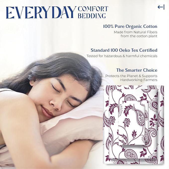Mayfair Linen 100% Organic Cotton Printed Sheets Twin XL Size - Percale Weave Cotton Twin XL Size Sheet Set (4 PC, Paisley), Soft & Crisp, GOTS Certified, Cooling Sheets, 16" Deep Pocket