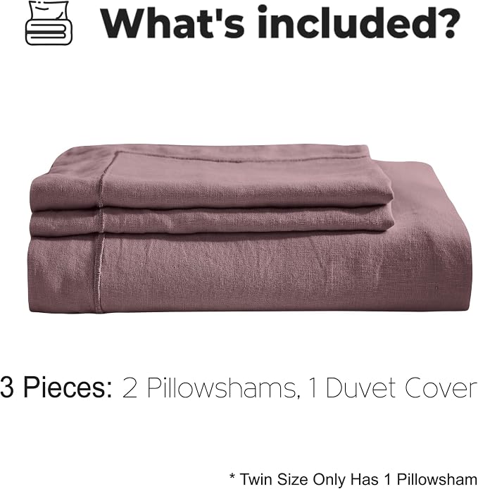 Simple&Opulence 100% Washed Linen Duvet Cover with Embroidered, 3 Pieces Soft Farmhouse Comforter Set with Button Closure,1 Duvet Cover and 2 Pillowshams(Queen,Purple)