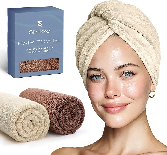 Microfiber Hair Towel Wrap for Women – Ultra Absorbent Quick Dry Turban | Button & Loop Design | Soft Lightweight Fabric | Reduces Frizz & Breakage | All Hair Types | Beige & Brown
