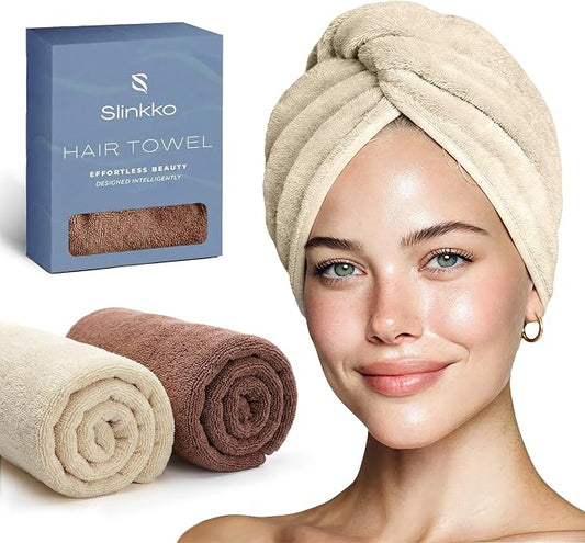 Microfiber Hair Towel Wrap for Women – Ultra Absorbent Quick Dry Turban | Button & Loop Design | Soft Lightweight Fabric | Reduces Frizz & Breakage | All Hair Types | Beige & Brown