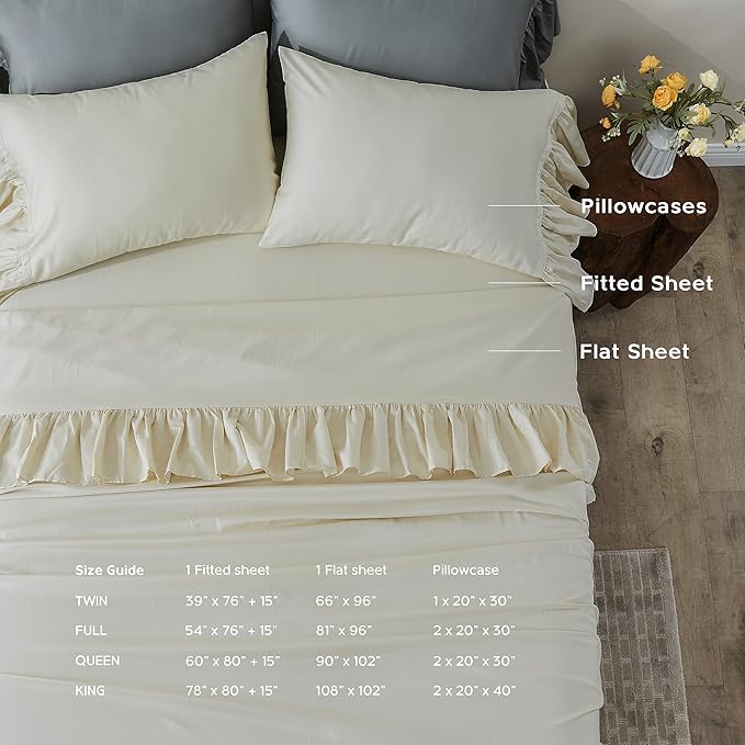 Simple&Opulence 100% Organic Cotton Sheet Set, Long Ruffle Bed Sheets (1 Flat Sheet, 1 Fitted Sheet and 2 Pillowcases) Elegant Shabby Chic Bedding Farmhouse Charming Vintage - Beige, Full