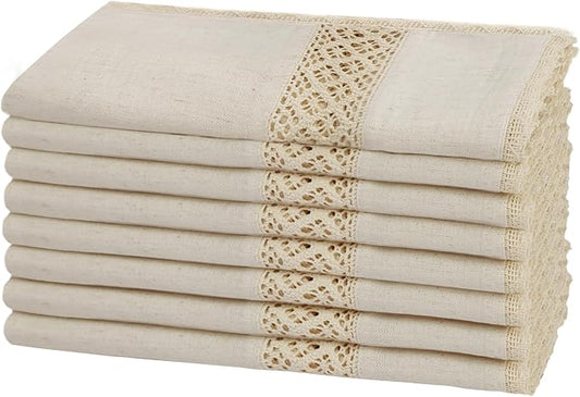 COTTON CRAFT Cloth Napkins with Lace - Set of 8 Natural Cotton Flax Elegant Everyday Fall Harvest Thanksgiving Holiday Table Lunch Dinner Napkins - Washable Reusable Serviette - 17x17 inches