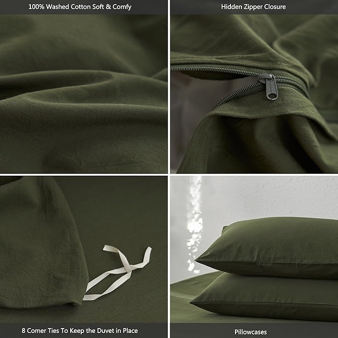 MooMee King Duvet Cover Set, 100% Washed Cotton Linen Like Twill Thick Sturdy Material Super Soft Breathable Durable Bedding for All Season, 3 Pieces (Olive Green, King 104"x90")