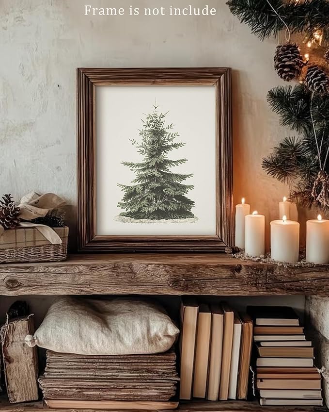 Vodefoad Vintage Christmas Tree Wall Art Retro Neutral Antique Holiday Christmas Tree Painting vintage Christmas Pine Tree Art Prints Painting Vintage Christmas Decor for Holiday - 8x10Inch Unframe
