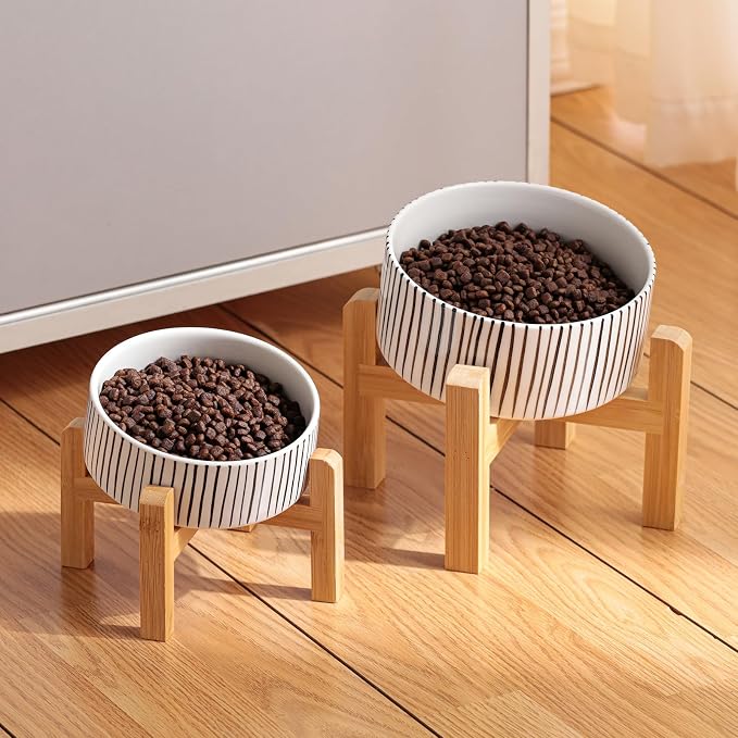 Elevated/Raised 15°Tilted Anti Slip Ceramic Dog Bowl for Small/Medium Breeds,Slanted Bulldog Big Face Pet Food Water Feeding Dish with Stand for Cats and Dogs (3.6 Cups/28 OZ) vertical stripe
