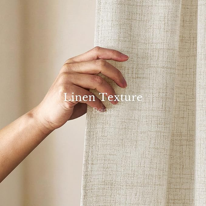 NICETOWN Cream Curtains 63 inch Length, Rod Pocket & Back Tab Faux Linen Semi Sheer Drapes Privacy with Light Filtering Window Treatments Washable for Living Room, W52 x L63, 2 Panels
