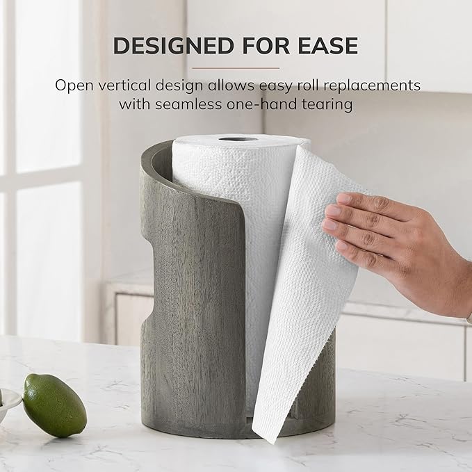 Anji Mountain Wooden Paper Towel Holder Countertop with Mango Wood Round Base and Iron Holder, Holder Stand for Kitchen Roll Organizer & Kitchen Dining Table Home Decor - Greige/Nickel, Arc Hold