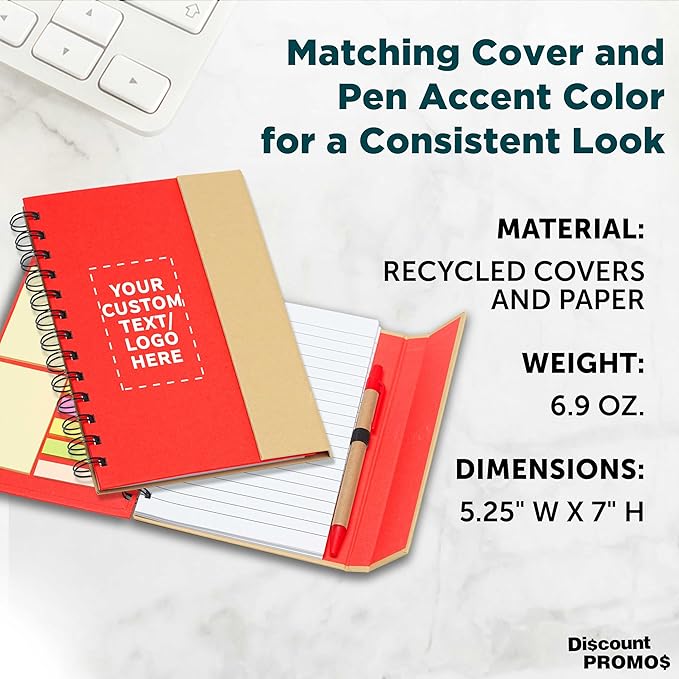 DISCOUNT PROMOS Custom Eco Friendly Spiral Notebooks with Pens Set of 10/50/100, Personalized Bulk Pack - Perfect for School, Office, Home - Red