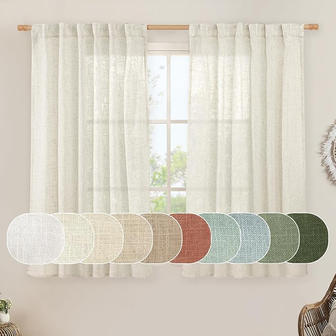 LAMIT Linen Semi Sheer Curtains 40 Inch for Bedroom, Light Filtering Neutral Window Curtains Farmhouse Boho Back Tab and Rod Pocket Panels, Natural, 2 Panels, 52 x 40 Inch