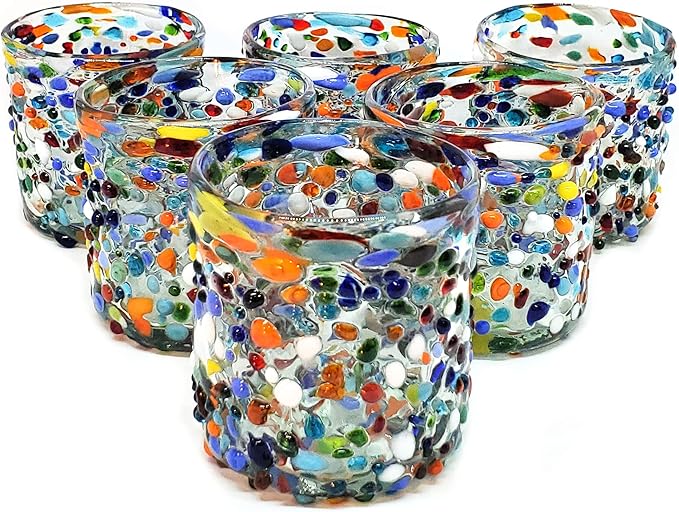 Confetti Rocks 8 oz DOF Glasses (set of 6) | Hand Blown Drinking Glasses, Multicolor Mexican Glassware Tumblers for Water, Juice, Margaritas & Cocktails | Lead-free, Toxin-Free