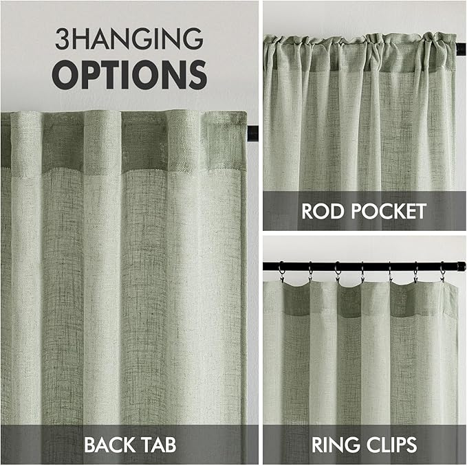 MIULEE Sage Short Linen Curtains 45 Inch Length 2 Panels for Kitchen Bedroom Bathroom,Green Soft Thick Linen Textured Window Drapes Semi Sheer Light Filtering Back Tab Rod Pocket Burlap Look Decor