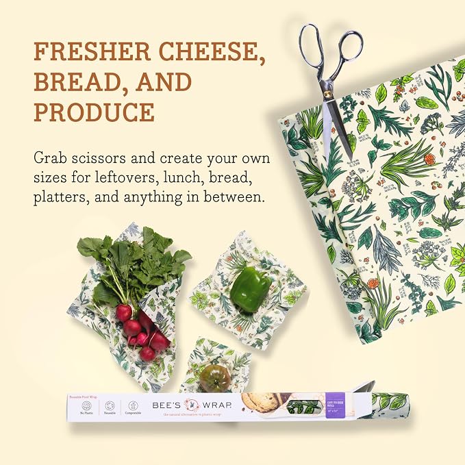 Bee's Wrap Beeswax Wraps for Food - Cut to Size 14x52" Beeswax Wrap Roll - Made in USA Reusable Natural Food Wrap - Herb Garden Print