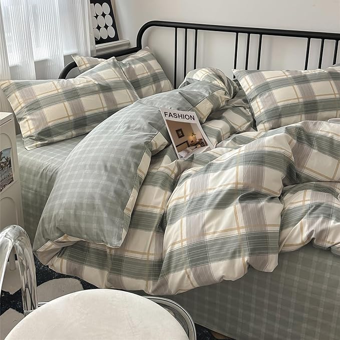 mixinni Full Size Buffalo Plaid Duvet Cover Set - 3 Piece Green White Geometric Bedding Set with Zipper Closure & Ties, 100% Washed Cotton Soft Breathable Duvet Cover for Men, Women, Teens (Full)