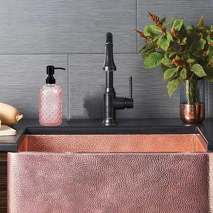12Oz Glass Soap Dispenser with 304 Black Rustproof Stainless-Steel Pump, Refillable Glass Soap Dispenser for Kitchen, Bathroom, Farmhouse (Pink)