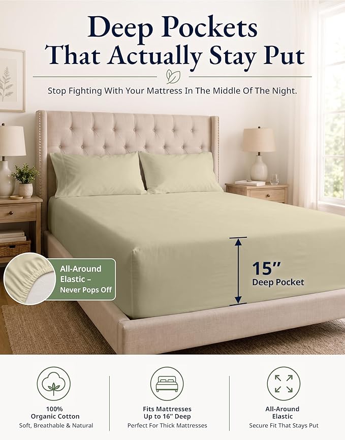 LANE LINEN Twin XL Fitted Sheet Set (No Flat Sheet) - 100% Organic Cotton Soft & Breathable Percale Weave Fitted Sheet Set for Added Comfort - 15'' Deep Pocket for Snug Fit - GOTS Certified - Linen