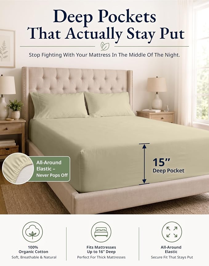 LANE LINEN King Fitted Sheet Set (No Flat Sheet) - 100% Organic Cotton Soft & Breathable Percale Weave Fitted Sheet Set for Added Comfort - 15'' Deep Pocket for Snug Fit - GOTS Certified - Linen