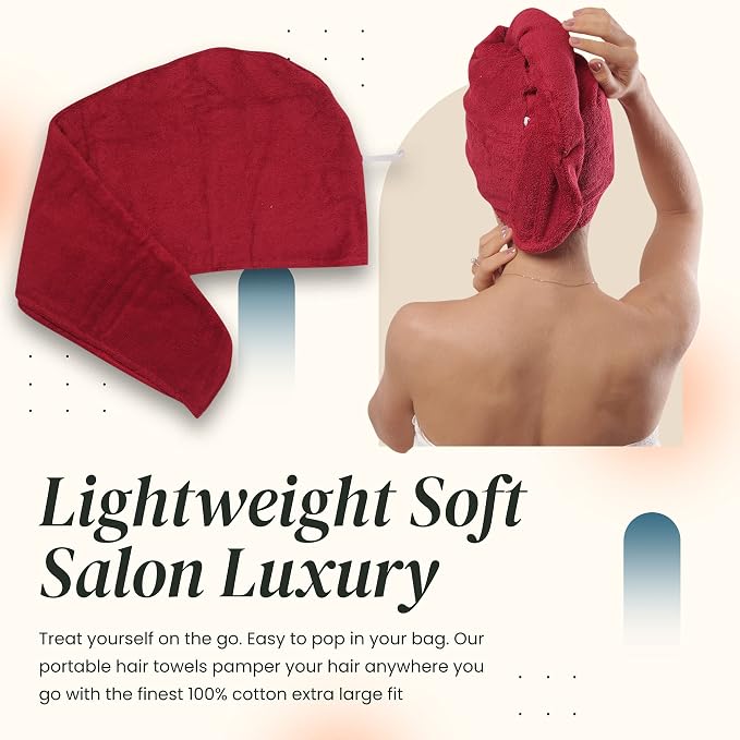 Extra Large Waffle Cotton Hair Towel Wrap - 30 inches Long, 400 GSM, Ultra Absorbent, Quick Dry Hair Turban for Women, Ideal for Long and Curly Hair, Perfect for Plopping (Cherry Red)
