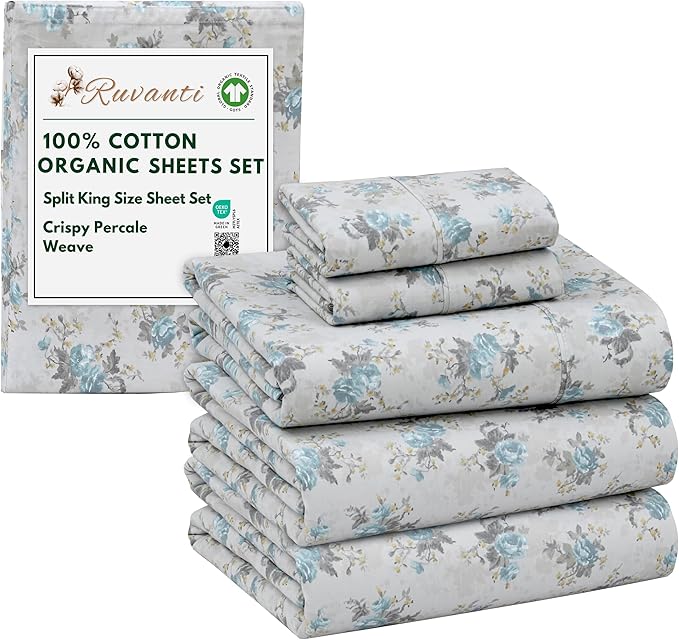 RUVANTI 100% Cotton Organic Percale Sheets Split King Size – Crisp Cooling Bed Sheets for Hot Sleepers, Deep Pocket 15”, Soft Peach Finish, Breathable & Durable Hotel-Style 5 Pcs, Blue Rose