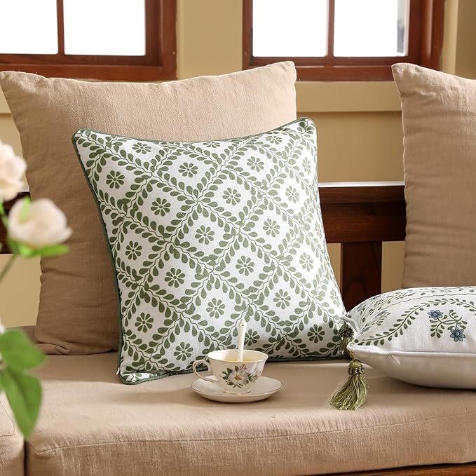 ISAENNE Design Fresh Linen Square Throw Pillow Covers 18"x18" Pack of 2, French White Cottage Cushion Covers with Green Branches Pattern Decoration Pillowcases for Bed,Living Room,Outdoor,Car